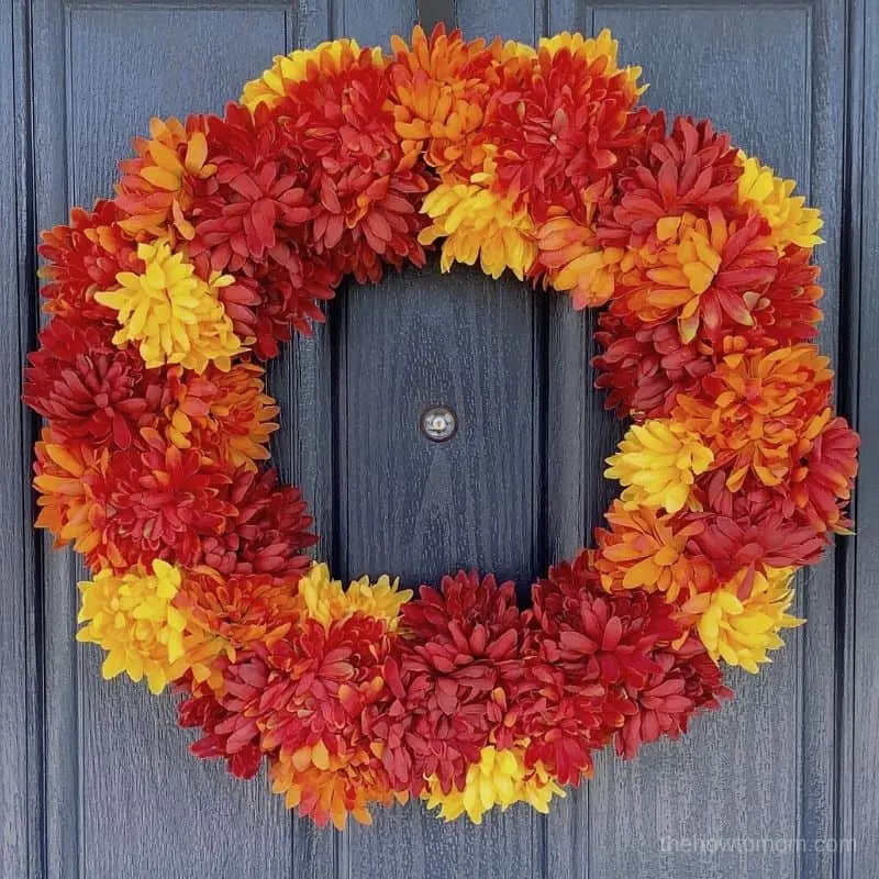 red, orange and yellow easy fall mum wreath
