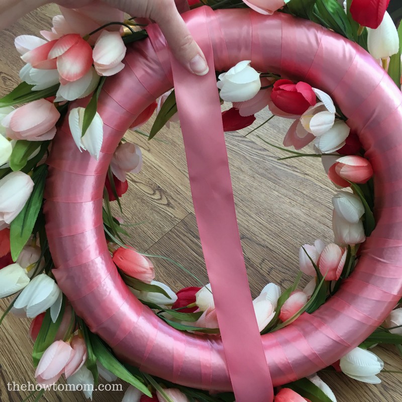 DIY Spring Tulip Wreath with satin ribbon and foam wreath form
