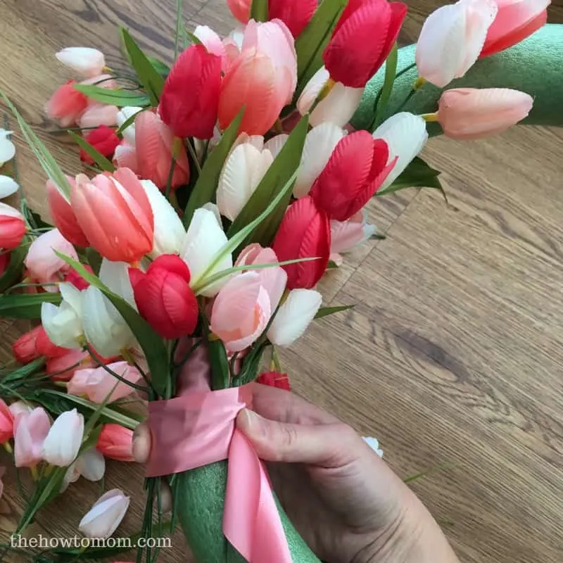 How to make a tulip wreath - tuck tulips into wrapped ribbon