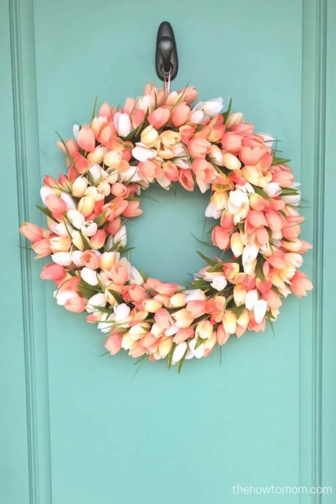 Peach tulip wreath DIY - on gorgeous teal door!