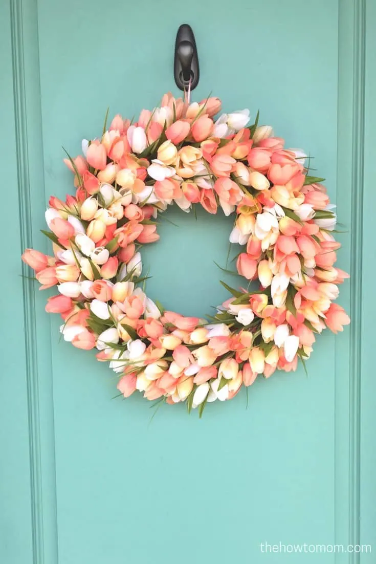 Spring tulip wreath DIY - looks gorgeous on this teal door!