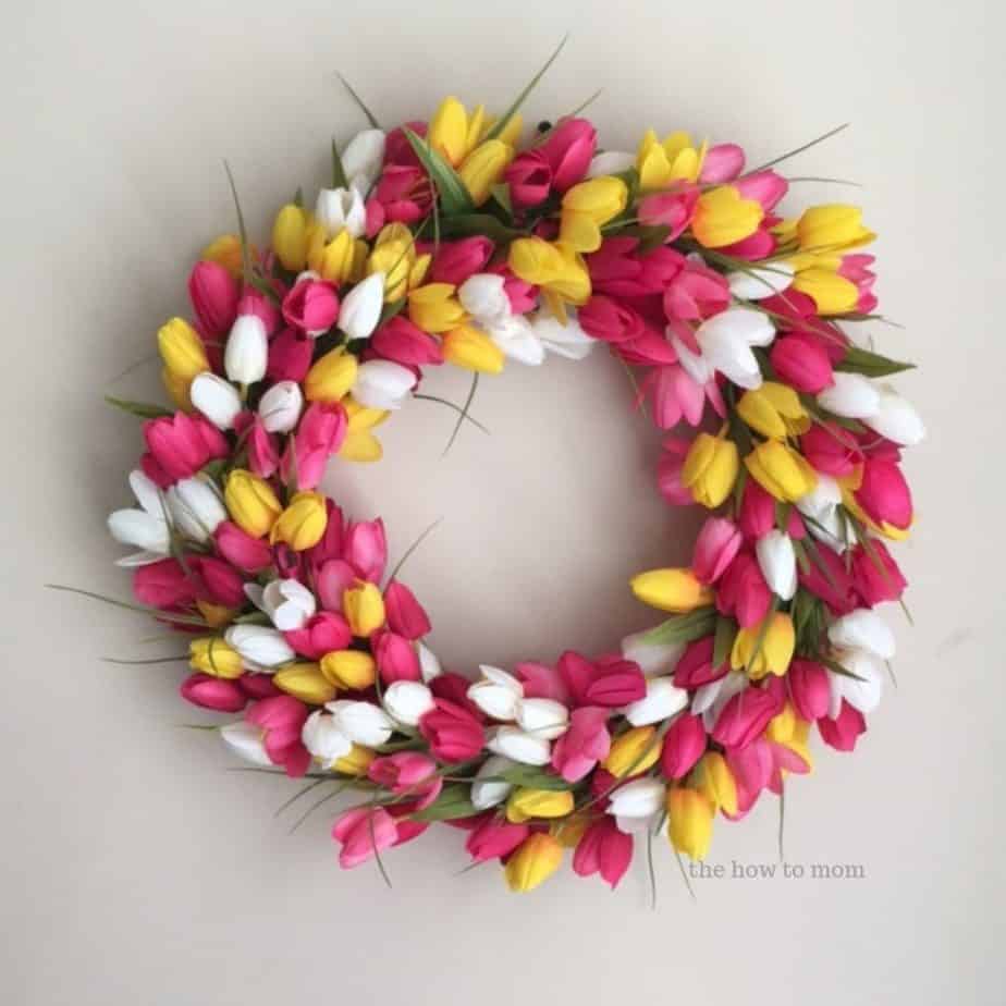 Pink and yellow tulip wreath DIY