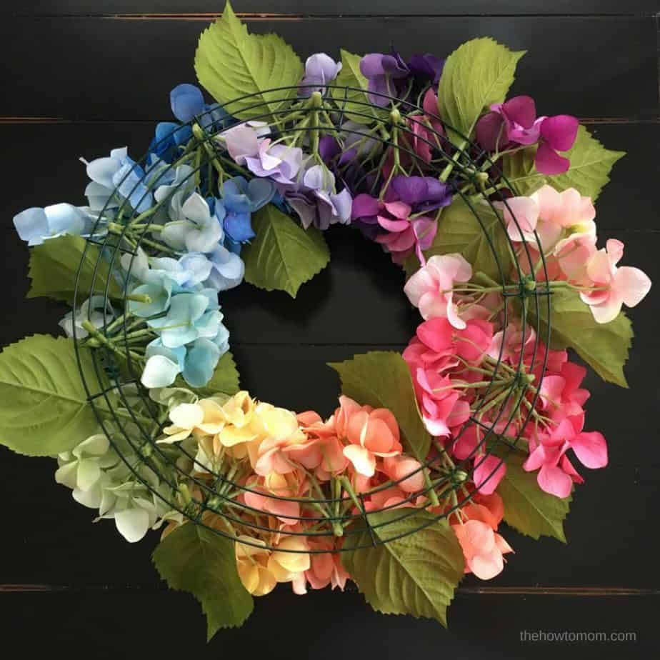 DIY Rainbow Hydrangea Wreath - using a wire wreath form and floral wire