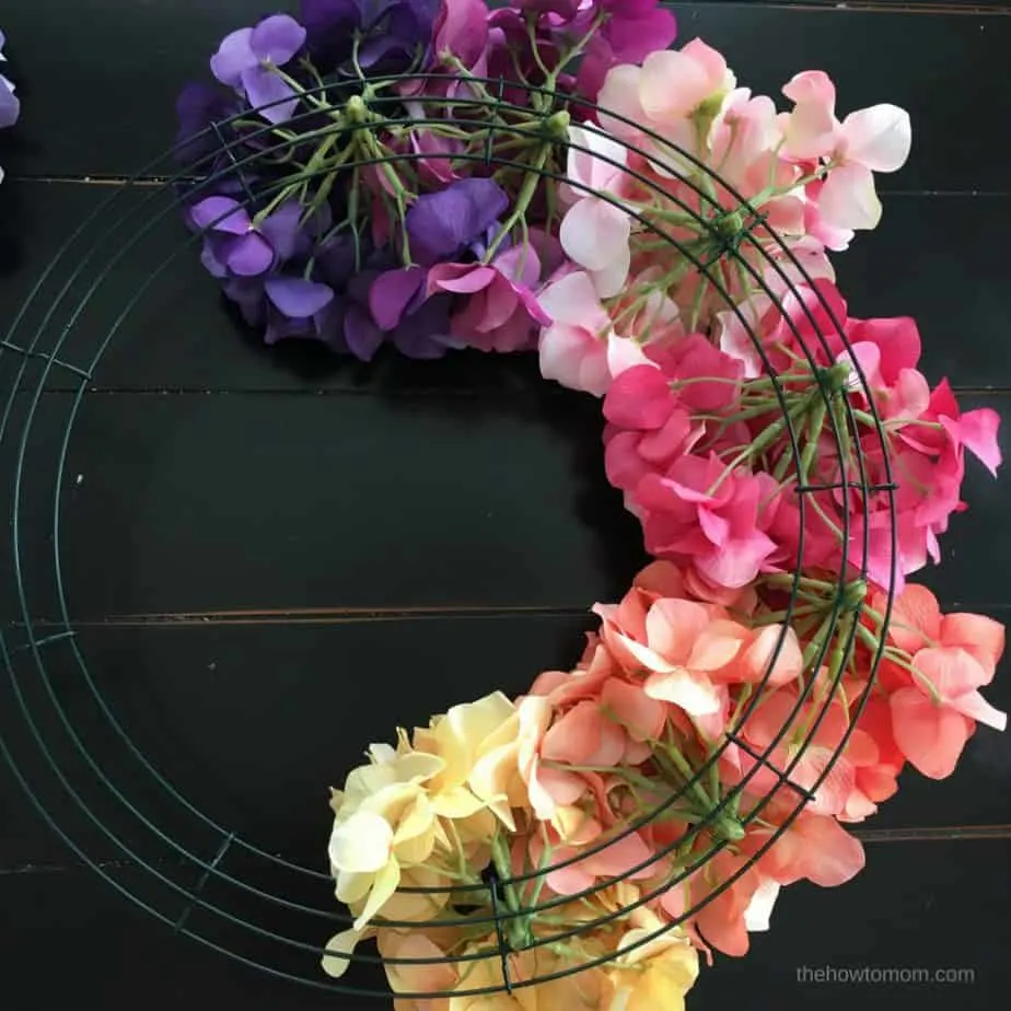 How to Make a Rainbow Hydrangea Wreath - using a wire wreath form and floral wire
