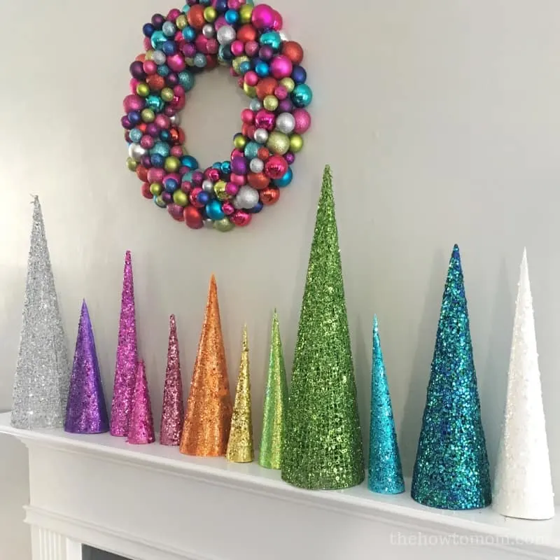 Easy Rainbow Glittery Christmas Tree Cones DIY