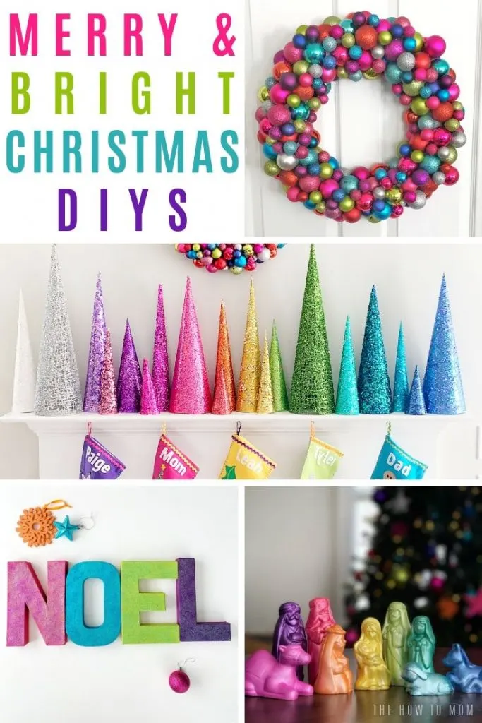 colorful wreath, rainbow christmas tree cones, and rainbow nativity set