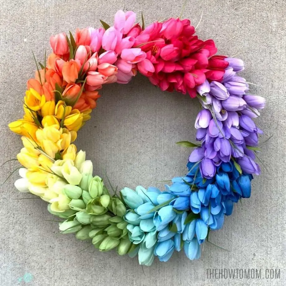 Colorful rainbow tulip wreath for spring