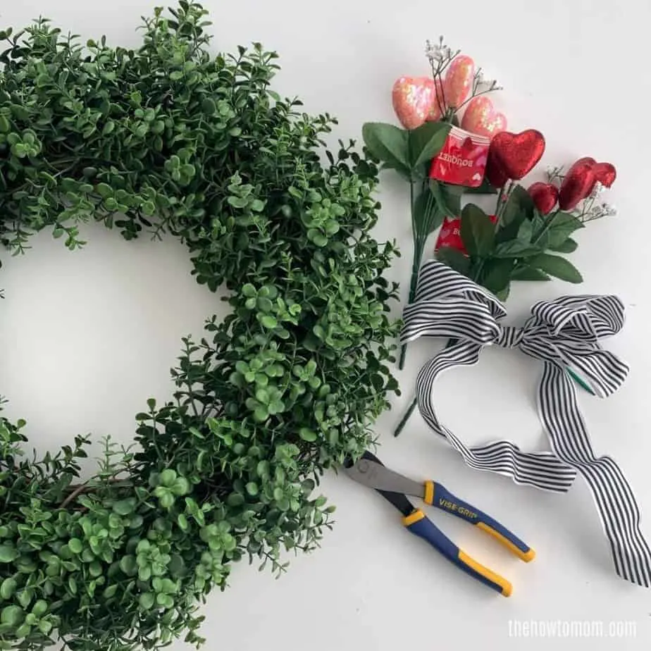 supplies needed to make a valentines day boxwood wreath