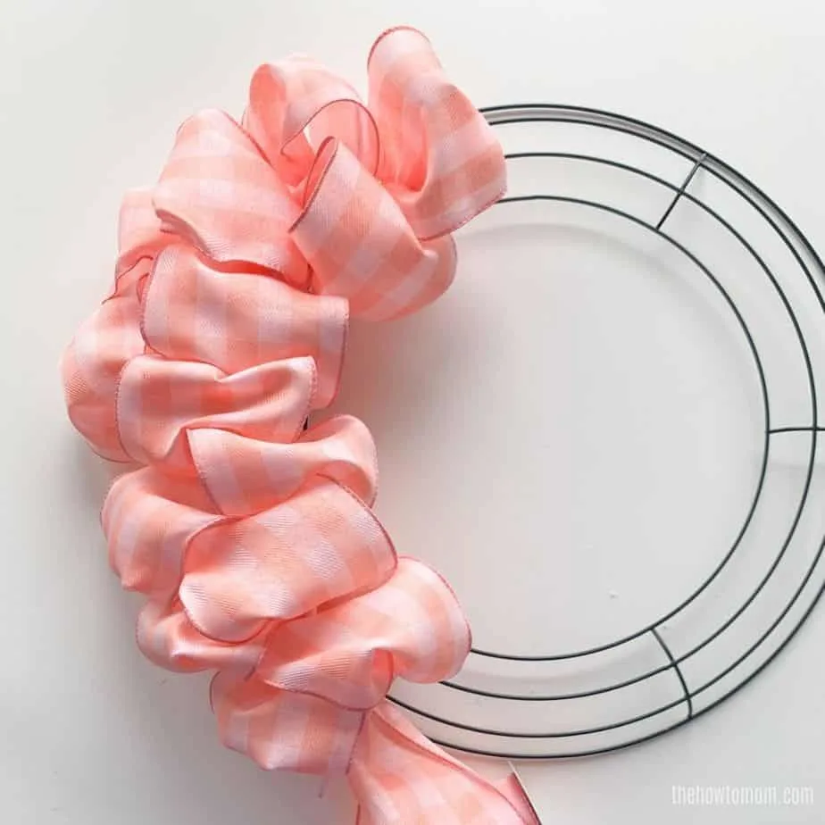 peach wired ribbon on wreath