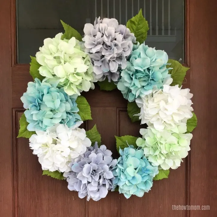 grey, green, teal and white hydrangea wreath