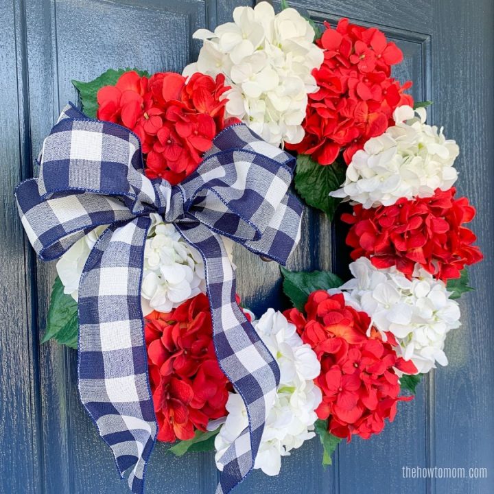 red white and blue hydrangea wreath with bow