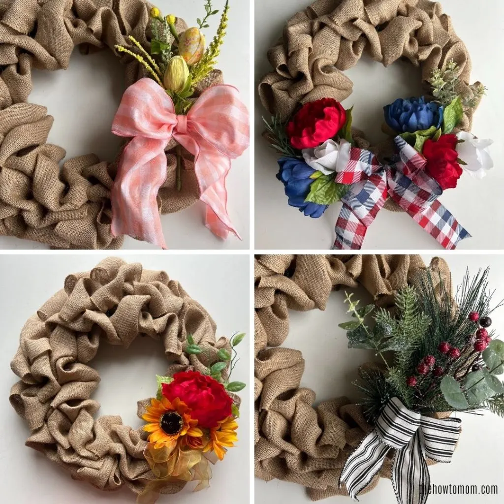 decorate a burlap wreath with different flowers and bows for each season.
