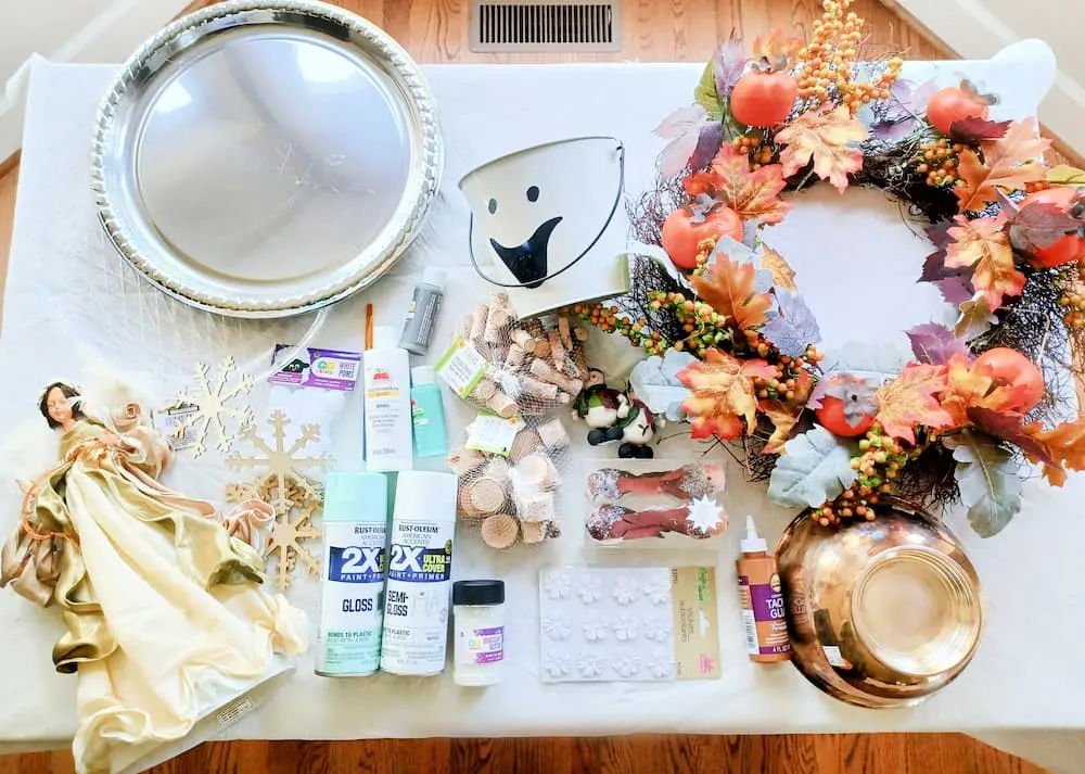Supplies used to create the snow angel centerpiece.